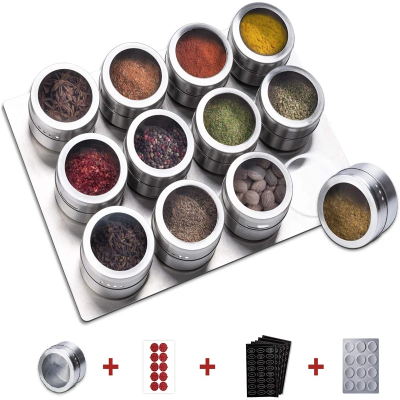 Ensemble de pots à épices magnétiques avec étiquettes autocollantes RU/EN, Base en acier inoxydab...
