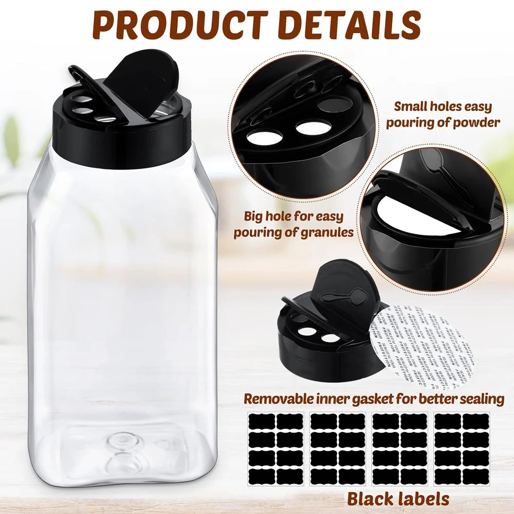 Bocaux à épices en plastique avec couvercle, bouteilles carrées en plastique avec couvercles dose... – Image 2