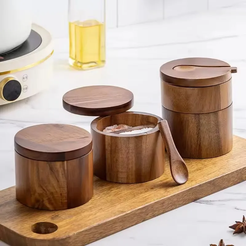 Pot d'assaisonnement en bois, salière à poivre, boîte d'assaisonnement de grande capacité avec cu... – Image 3