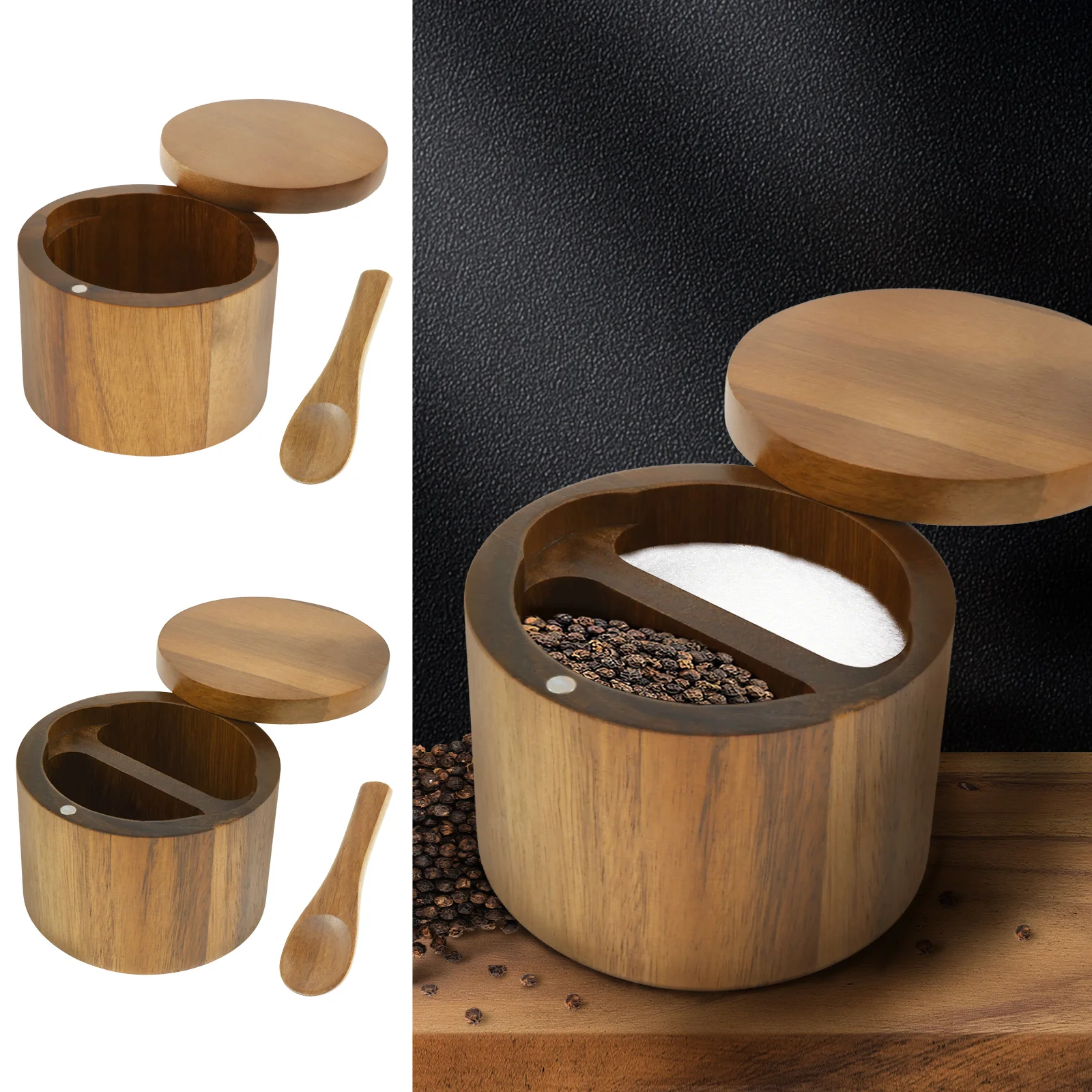 Pots d'assaisonnement au sel, pot à poivre, boîte à condiments en bois, bol de rangement avec cui...