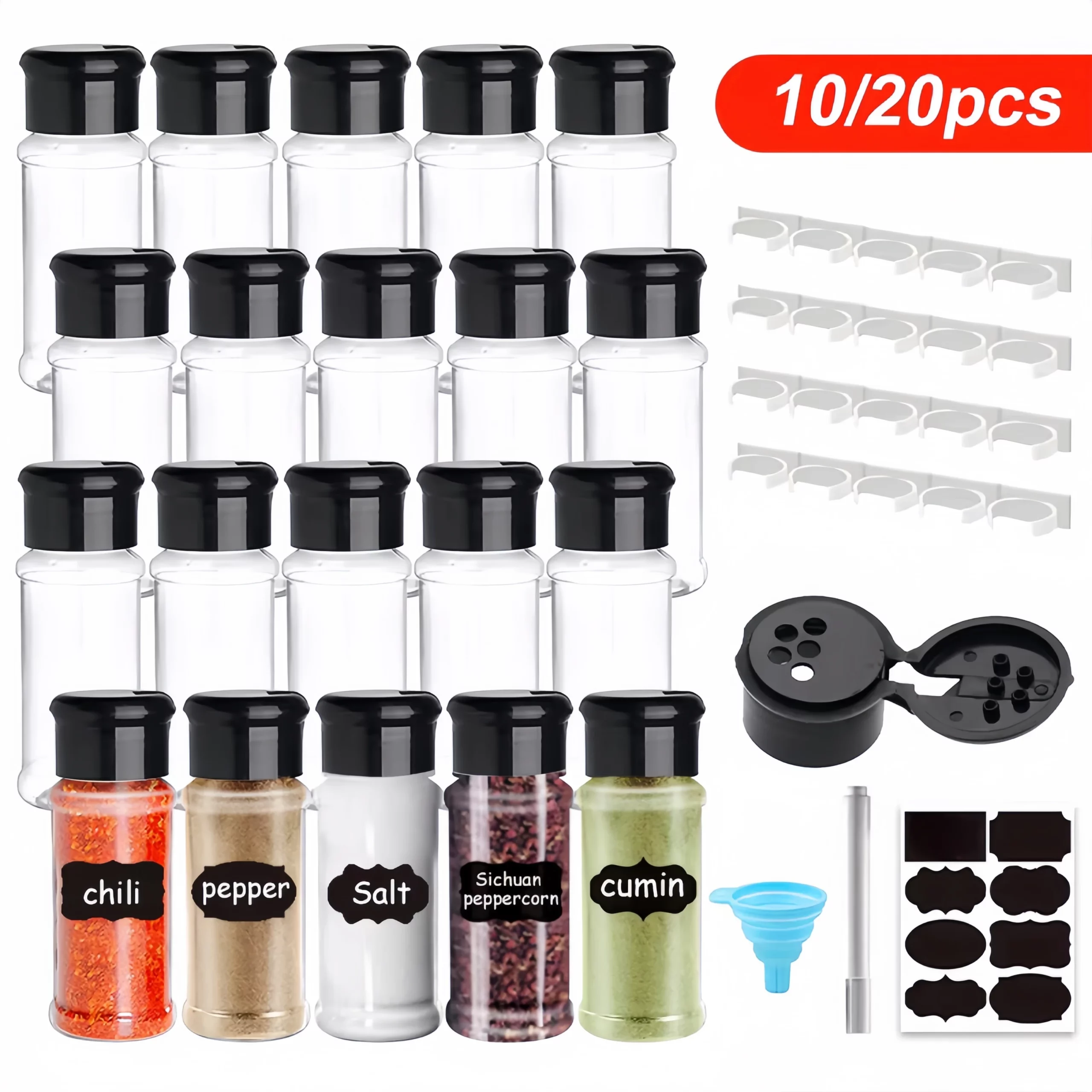 Lot de 5/10/15/20 pots à épices, salières et poivrières, organiseur d'assaisonnements, pot à épic...