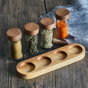 Pots d'assaisonnement en verre, boîte à épices, palettes en bois, ensemble de trois pièces, pots...