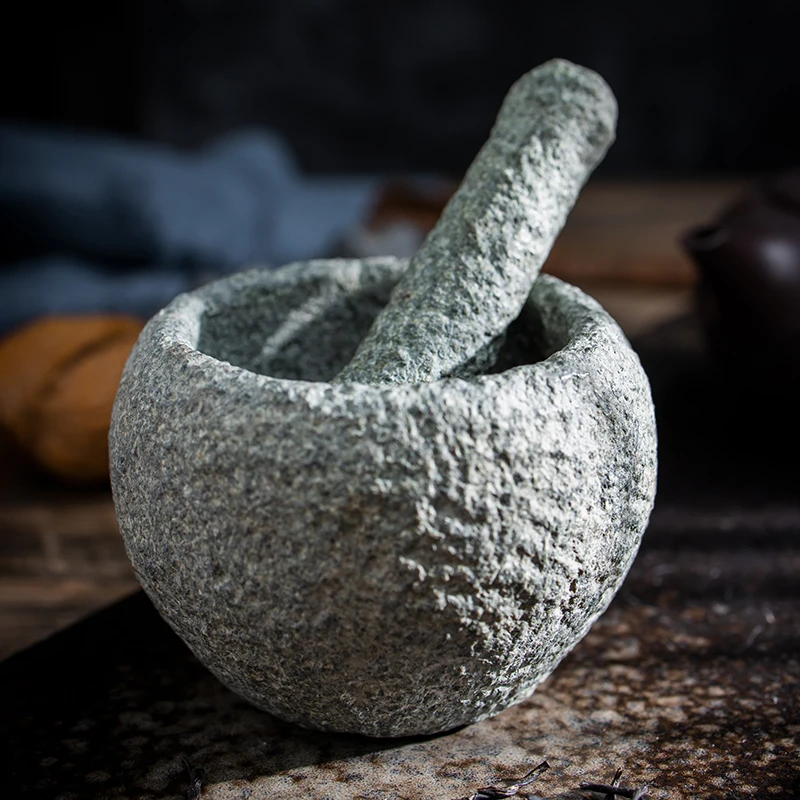 Mortier et pilon en pierre naturelle, fait main, Zen Premium, pour thé, épices, cérémonie du thé...