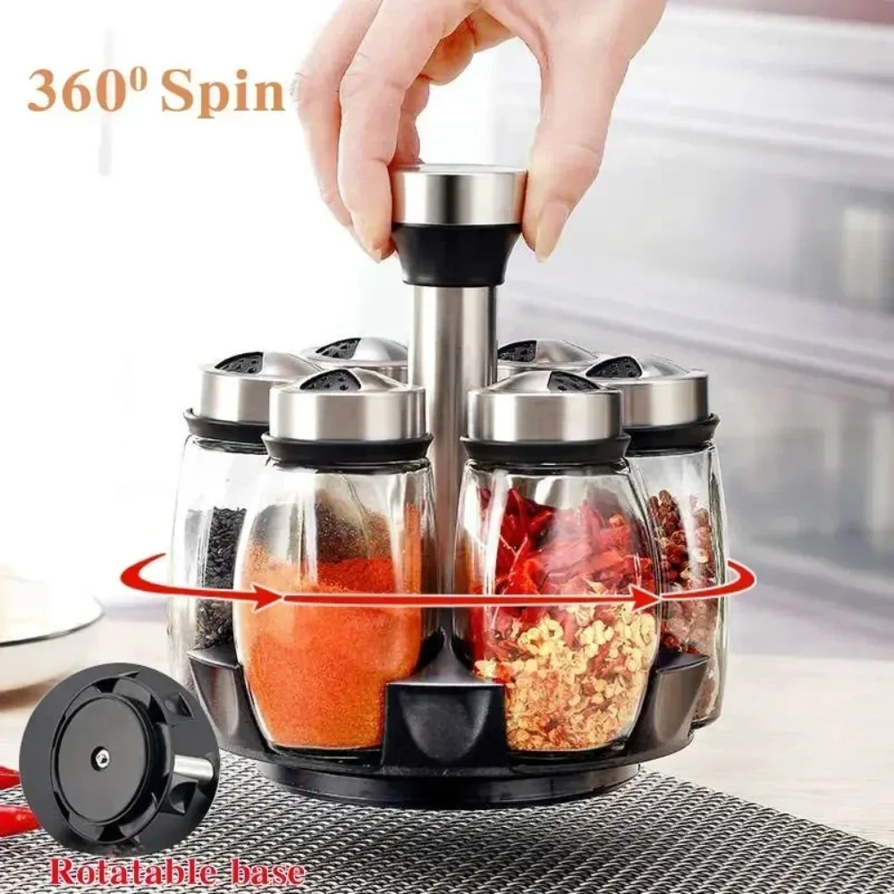 Ensemble de pots à épices, 7 pièces, support en verre, organisateur rotatif, assaisonnement, sucr...
