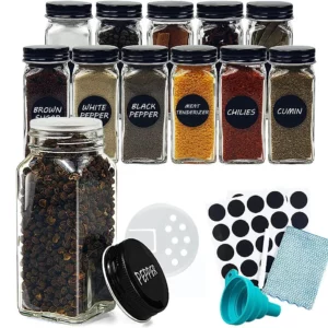 Lot de 12 pots à épices en verre avec étiquettes, pots carrés vides pour épices – Couvercles méta...