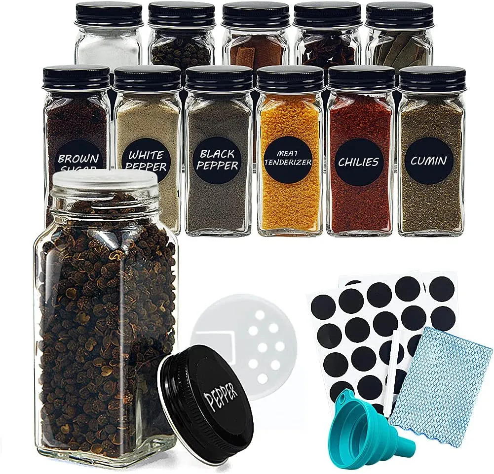 Lot de 12 pots à épices en verre avec étiquettes, pots carrés vides pour épices – Couvercles méta...