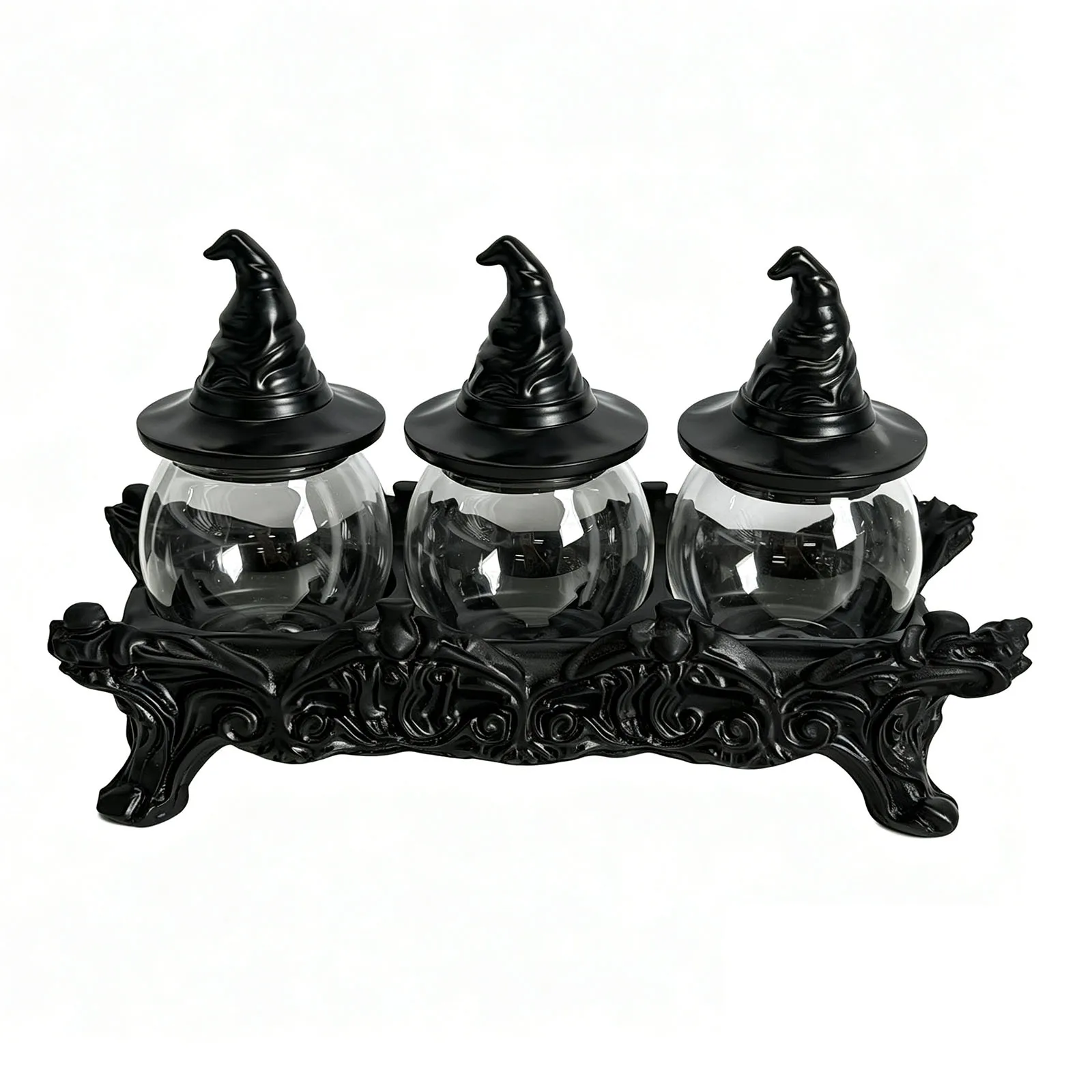 Ensemble de pots à épices d'apothicaire avec couvercles en forme de chapeau de sorcière, décorati... – Image 2