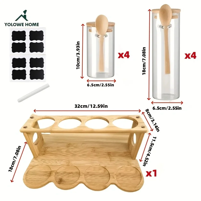 Ensemble de 8 récipients de rangement en verre avec 1 support de rangement, bocaux en verre avec... – Image 2