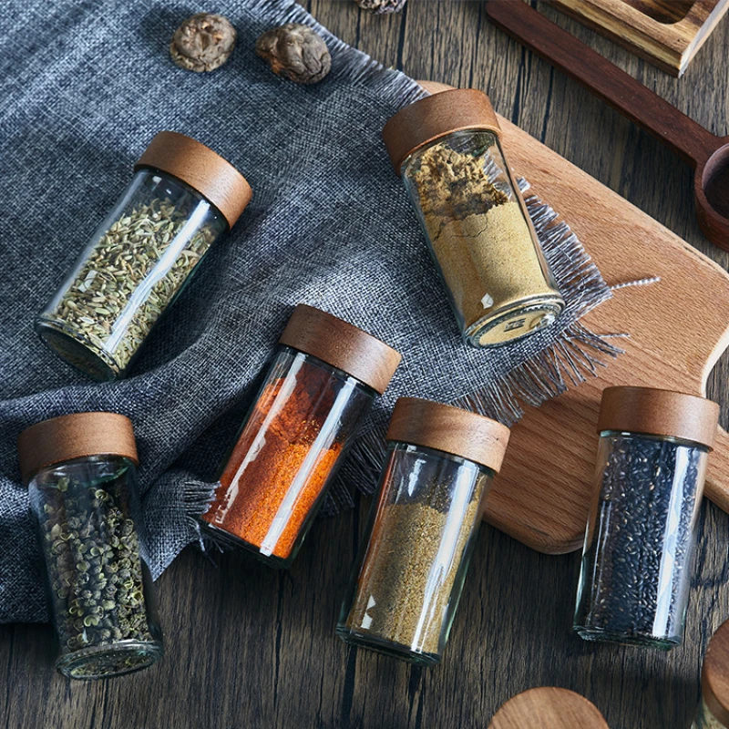 Pots d'assaisonnement en verre, boîte à épices, palettes en bois, ensemble de trois pièces, pots... – Image 3