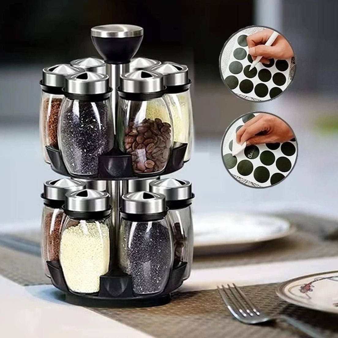 Tour de rangement rotative pour épices avec bocaux vides, support tournant pour bouteilles d'épic...