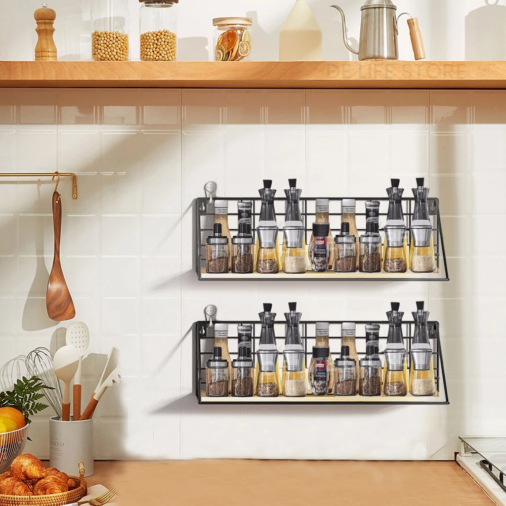 Étagère murale de rangement pour bocaux à épices en bois, support d'assaisonnement pour cuisine,... – Image 2