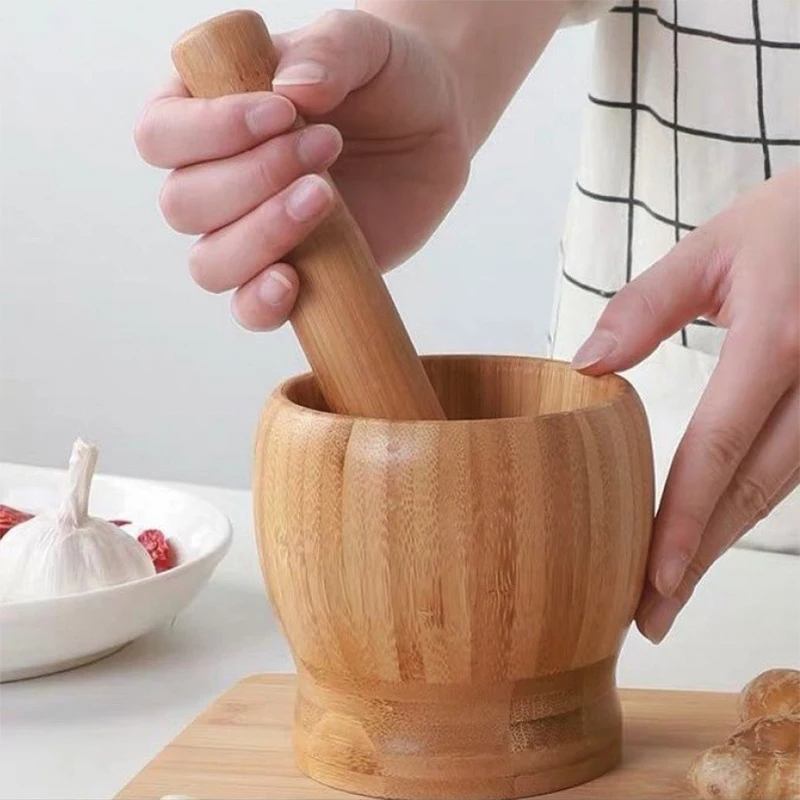 Ensemble mortier et pilon traditionnel en bois pour la cuisine, broyeur à épices et à poivre, mou... – Image 3