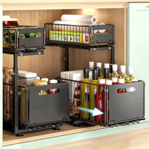 Organisateur d'armoire extractible à 2 niveaux, support de rangement de cuisine réglable sous l'é...