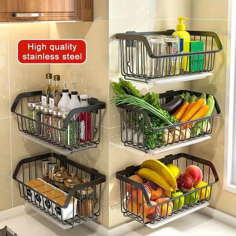 Panier de rangement de cuisine en acier inoxydable, égouttoir de fruits et légumes, organisateur... – Image 2