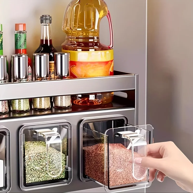 Ensemble de rangement mural pour épices de cuisine, sans perçage, avec récipients et distributeur... – Image 3