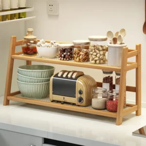 Caddie à épices à 2 niveaux, étagère de rangement de cuisine en bambou, organisateur d'armoire de...