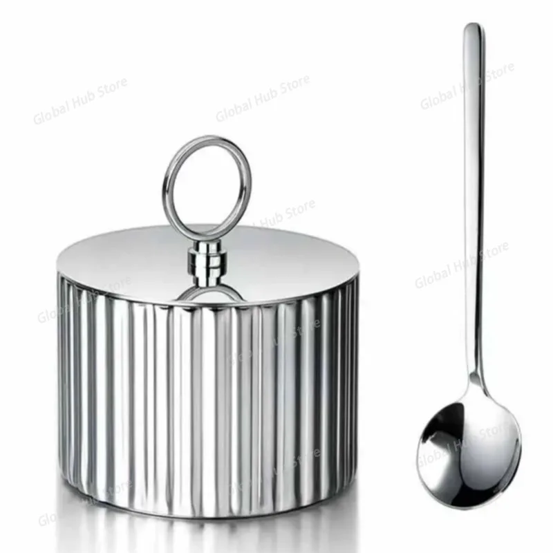 1PCS Pot à sel de luxe en acier inoxydable, sucrier avec couvercle et cuillère, récipient à épice...
