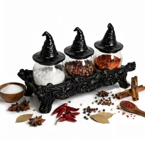 Ensemble de pots à épices d'apothicaire avec couvercles en forme de chapeau de sorcière, décorati...