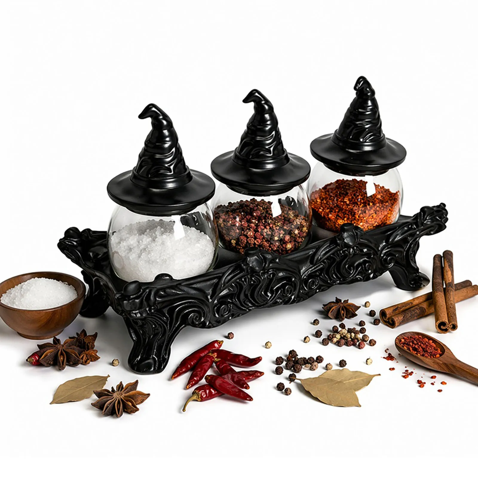 Ensemble de pots à épices d'apothicaire avec couvercles en forme de chapeau de sorcière, décorati...