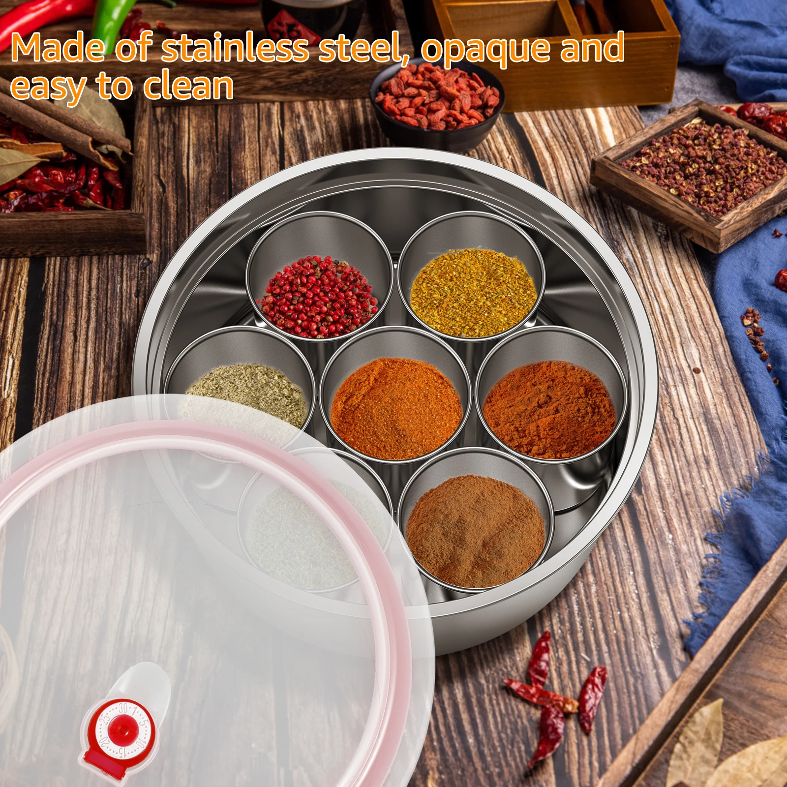Masala Dabba Boîte à épices Récipient de stockage d'épices en acier inoxydable avec 7 compartimen... – Image 3