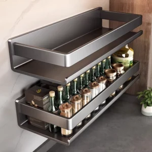 Étagère à épices murale en métal sans perçage, étagère de rangement multifonctionnelle avec croch...