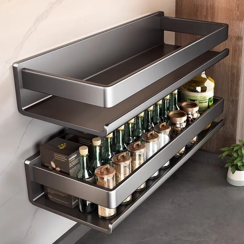 Étagère à épices murale en métal sans perçage, étagère de rangement multifonctionnelle avec croch...
