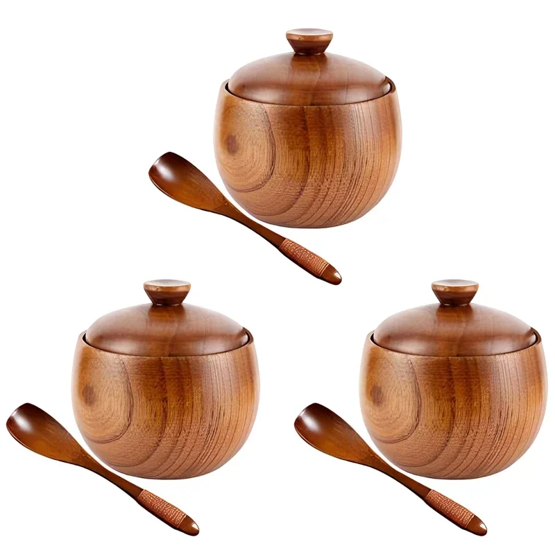 Boîte de rangement en bois avec couvercle et cuillère, cave à sel, sucre, Belle, récipient d'assa...