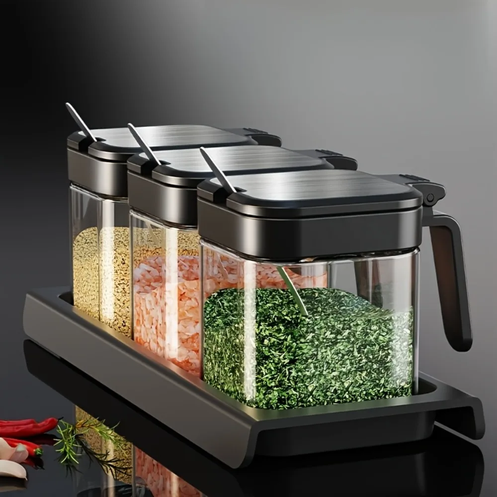 Coffret de 3 pots à épices transparents avec cuillères – Gris clair – Image 2