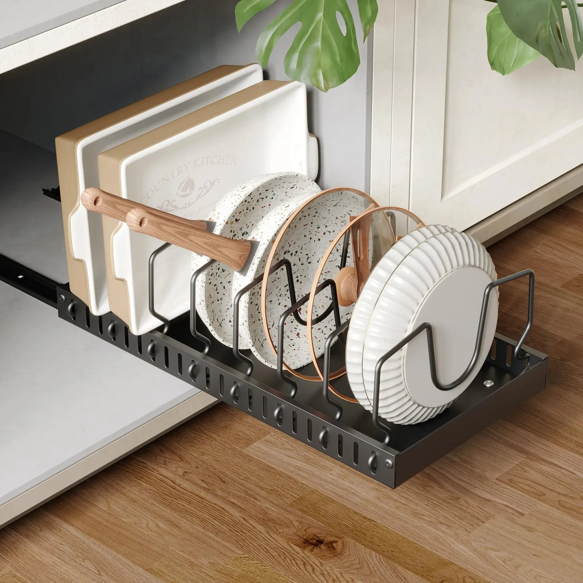 Organisateur de cuisine multifonctionnel - Tiroir coulissant pour casseroles et poêles, support c...