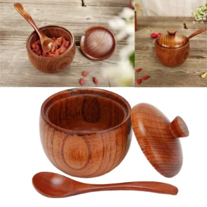 Pot à épices en bois Sucrier, Salière Belle Boîte d'assaisonnement avec cuillère et couvercle, Ou...