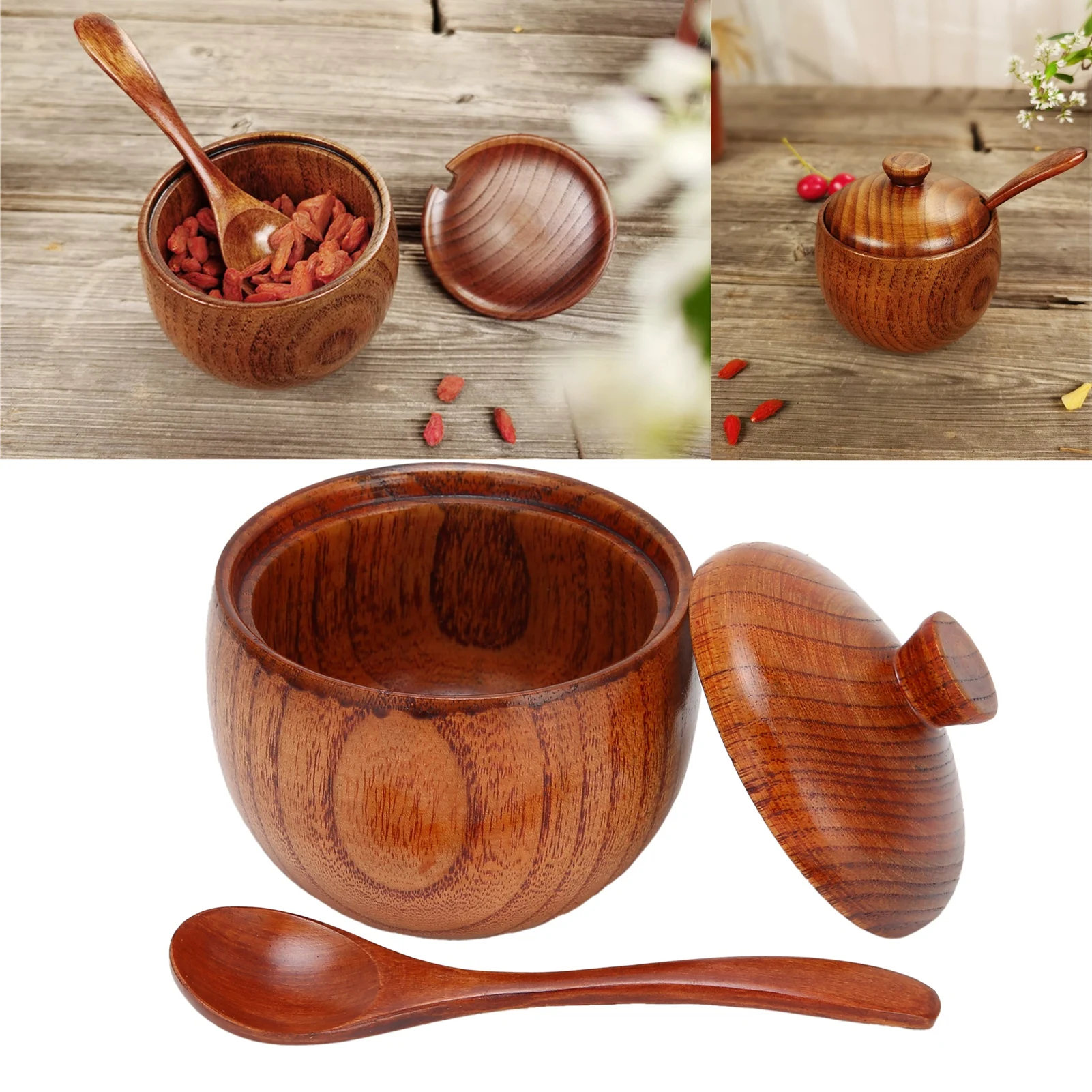 Pot à épices en bois Sucrier, Salière Belle Boîte d'assaisonnement avec cuillère et couvercle, Ou...