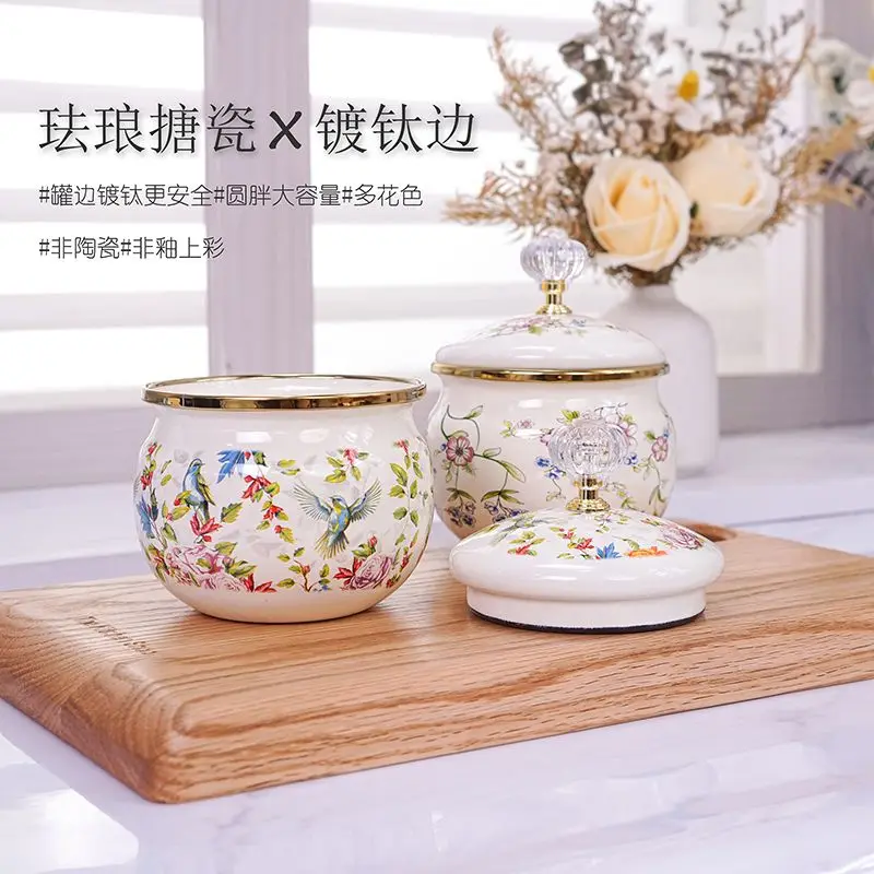 Pot de rangement en émail pour cuisine, stockage d'épices rond européen vintage, sans couches de... – Image 3