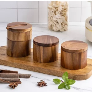 Shaker à sel en bois d'acacia, boîte d'assaisonnement, boîte à poivre en bambou avec couvercle ro...