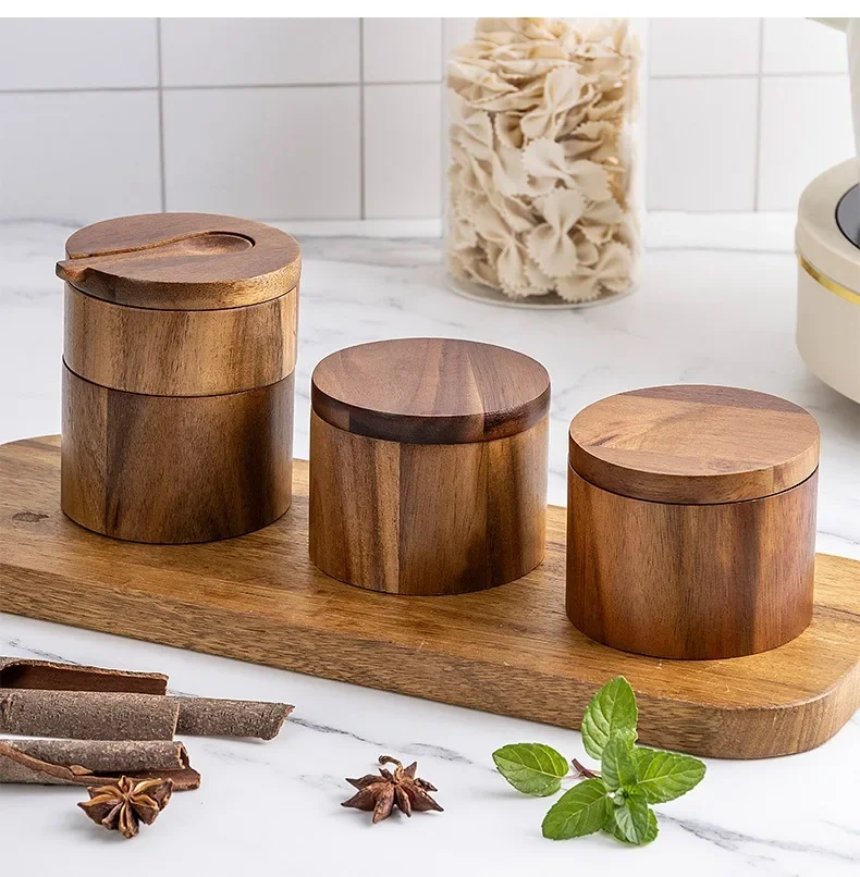 Shaker à sel en bois d'acacia, boîte d'assaisonnement, boîte à poivre en bambou avec couvercle ro...