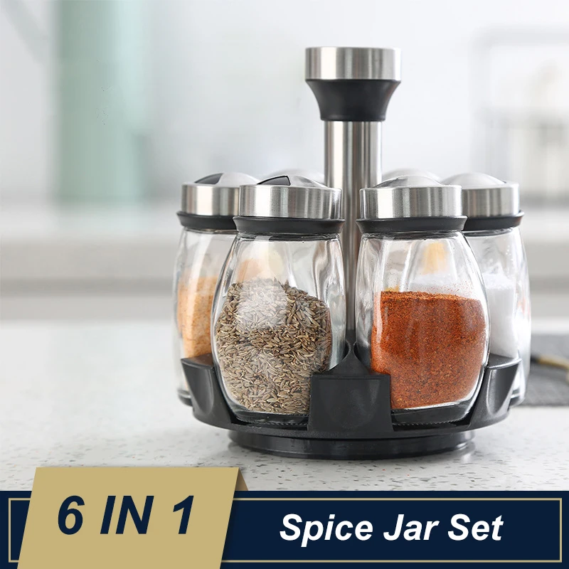 Ensemble de pots à épices en verre 6 en 1, support rotatif en verre pour assaisonnement, sucre, b...