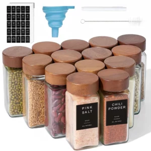 Pots à épices en verre avec étiquettes, 12 pièces, récipients à épices carrés de 4 Oz avec couver...