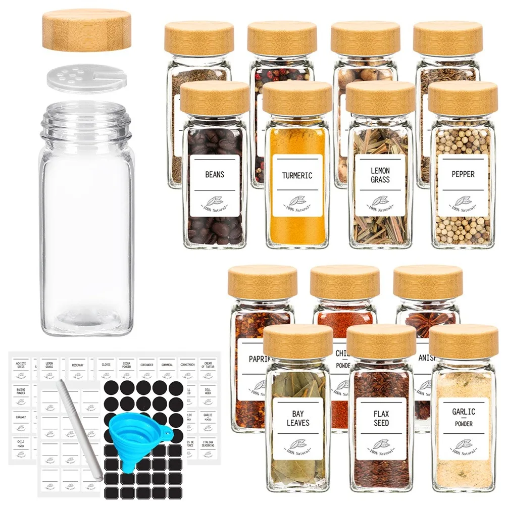 Ensemble de 12 pots à épices en verre avec couvercles en bambou, incluant des étiquettes minimali...