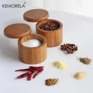 Boîte à sel en bois de bambou avec couvercle pivotant magnétique, récipient de rangement de cuisi...
