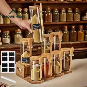Ensemble de 8 récipients de rangement en verre avec 1 support de rangement, bocaux en verre avec...