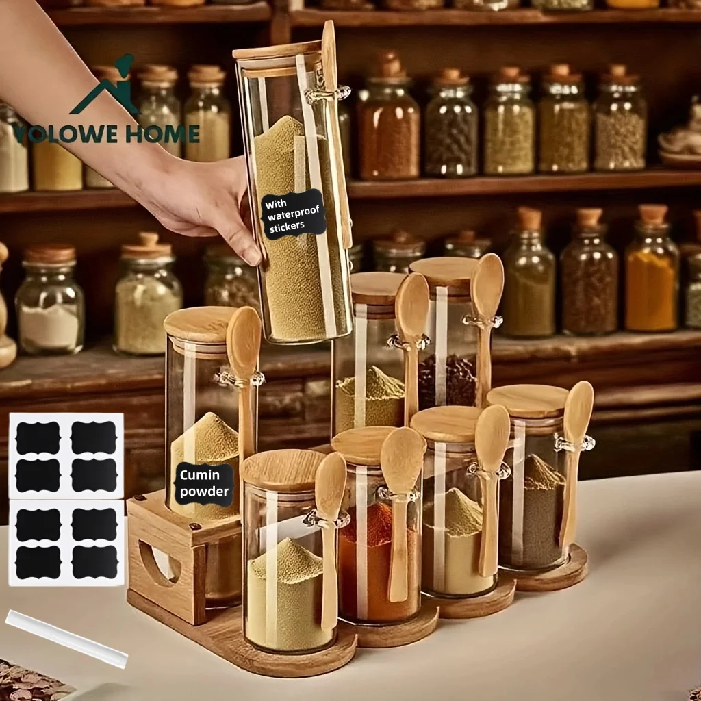 Ensemble de 8 récipients de rangement en verre avec 1 support de rangement, bocaux en verre avec...