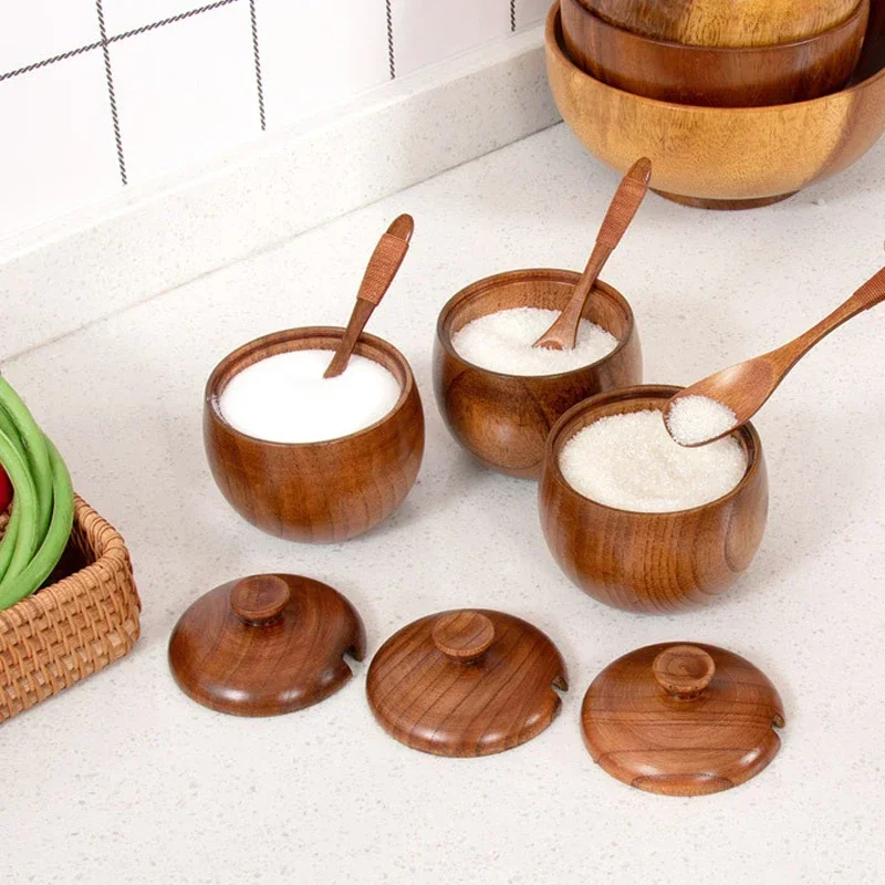 Boîte de rangement en bois avec couvercle et cuillère, cave à sel, sucre, Belle, récipient d'assa... – Image 2