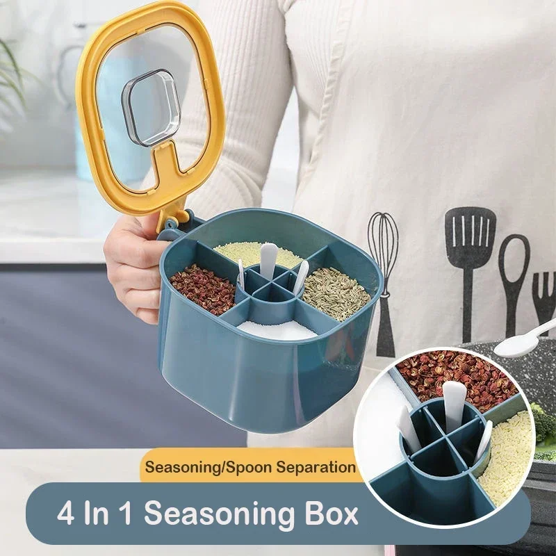 Pot à épices 4 en 1, boîte d'assaisonnement avec cuillère, multi-compartiments, sel, poivre, épic... – Image 2