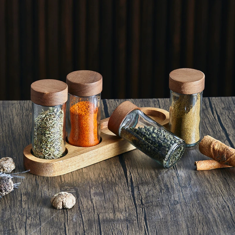 Pots d'assaisonnement en verre, boîte à épices, palettes en bois, ensemble de trois pièces, pots... – Image 2