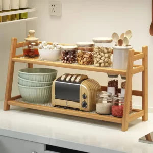 Caddie à épices à 2 niveaux, étagère de rangement de cuisine en bambou, organisateur d'armoire de...