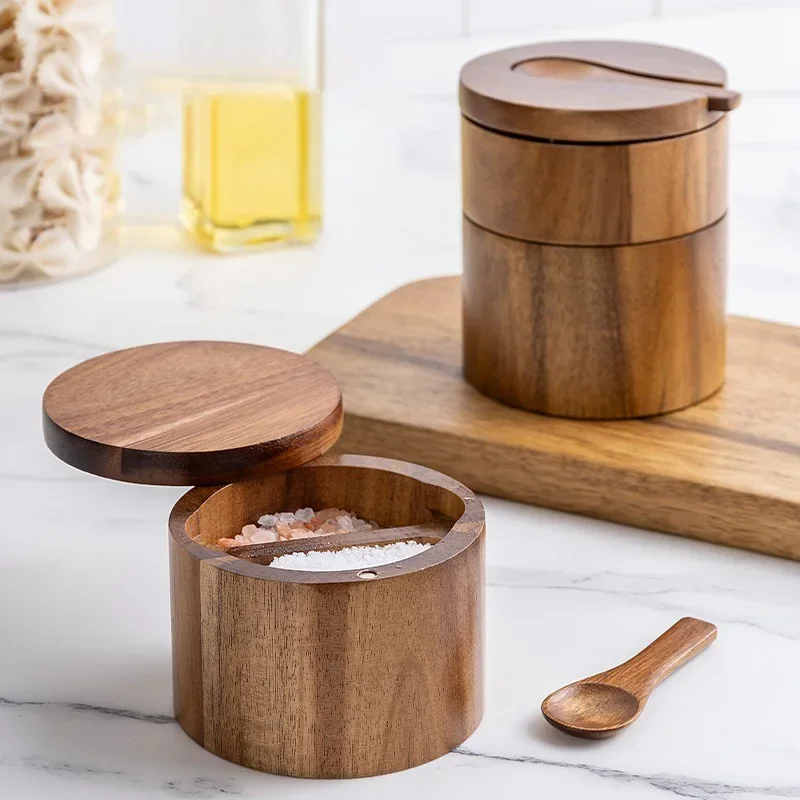 Shaker à sel en bois d'acacia, boîte d'assaisonnement, boîte à poivre en bambou avec couvercle ro... – Image 2