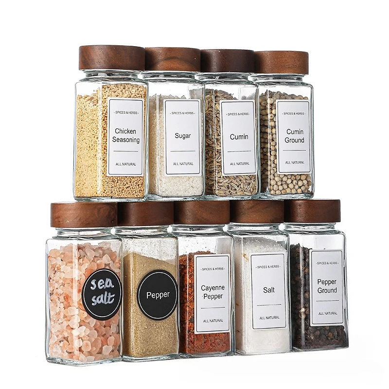 Ensemble de pots à épices carrés avec couvercle en bois, pots à épices avec insert doseur et étiq...