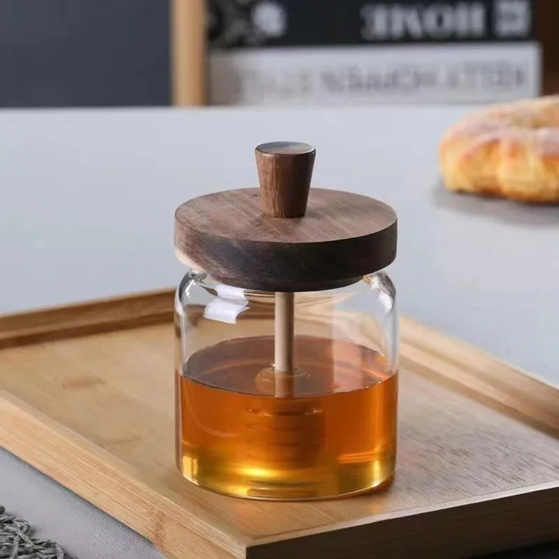 Pot à miel en verre borosilicate de haute qualité avec couvercle en bois massif et bâtonnet mélan... – Image 2