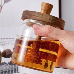 Pot à miel en verre borosilicate de haute qualité avec couvercle en bois massif et bâtonnet mélan...