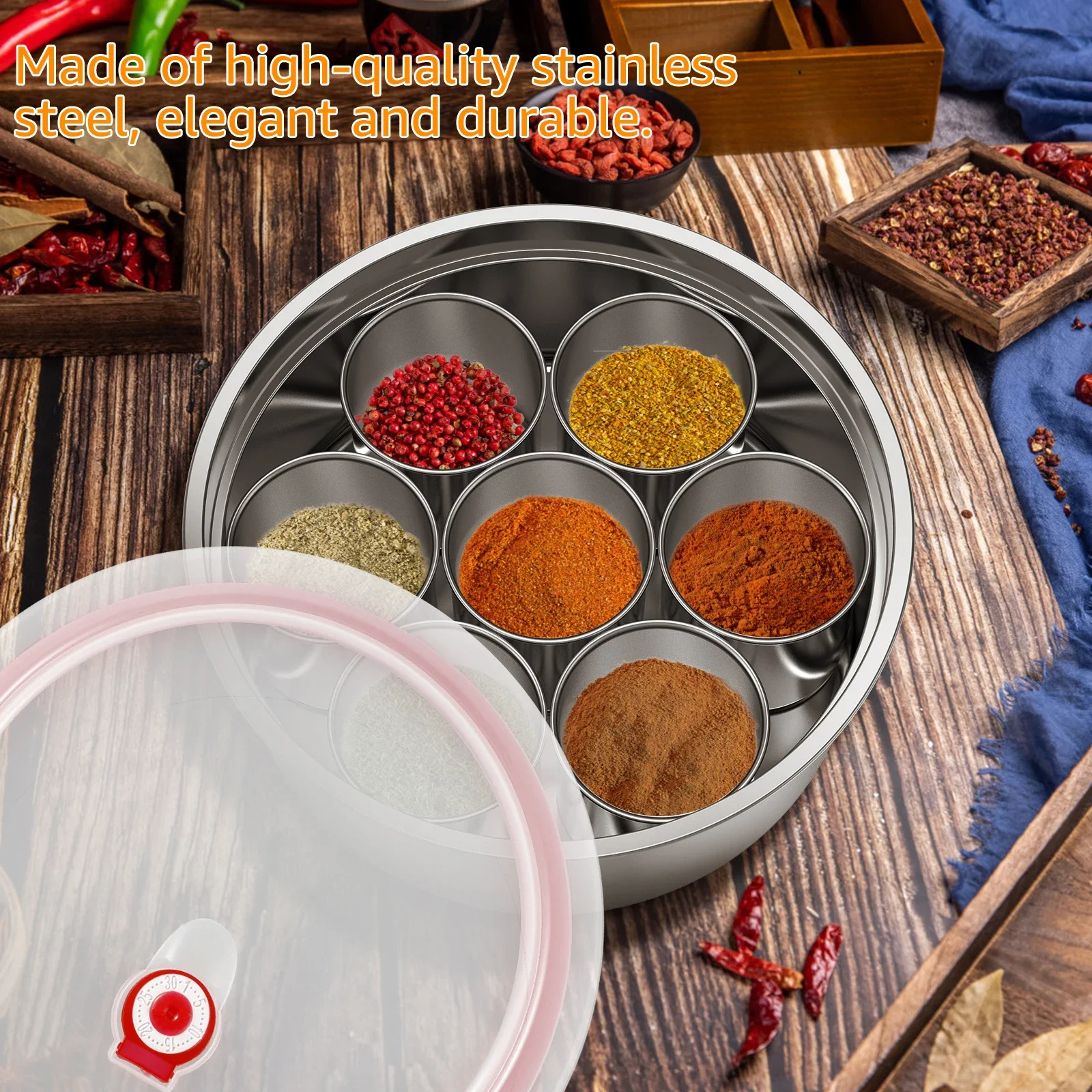 Masala Dabba Boîte à épices Conteneurs à épices en acier inoxydable Masala Dabba avec 7 compartim... – Image 3
