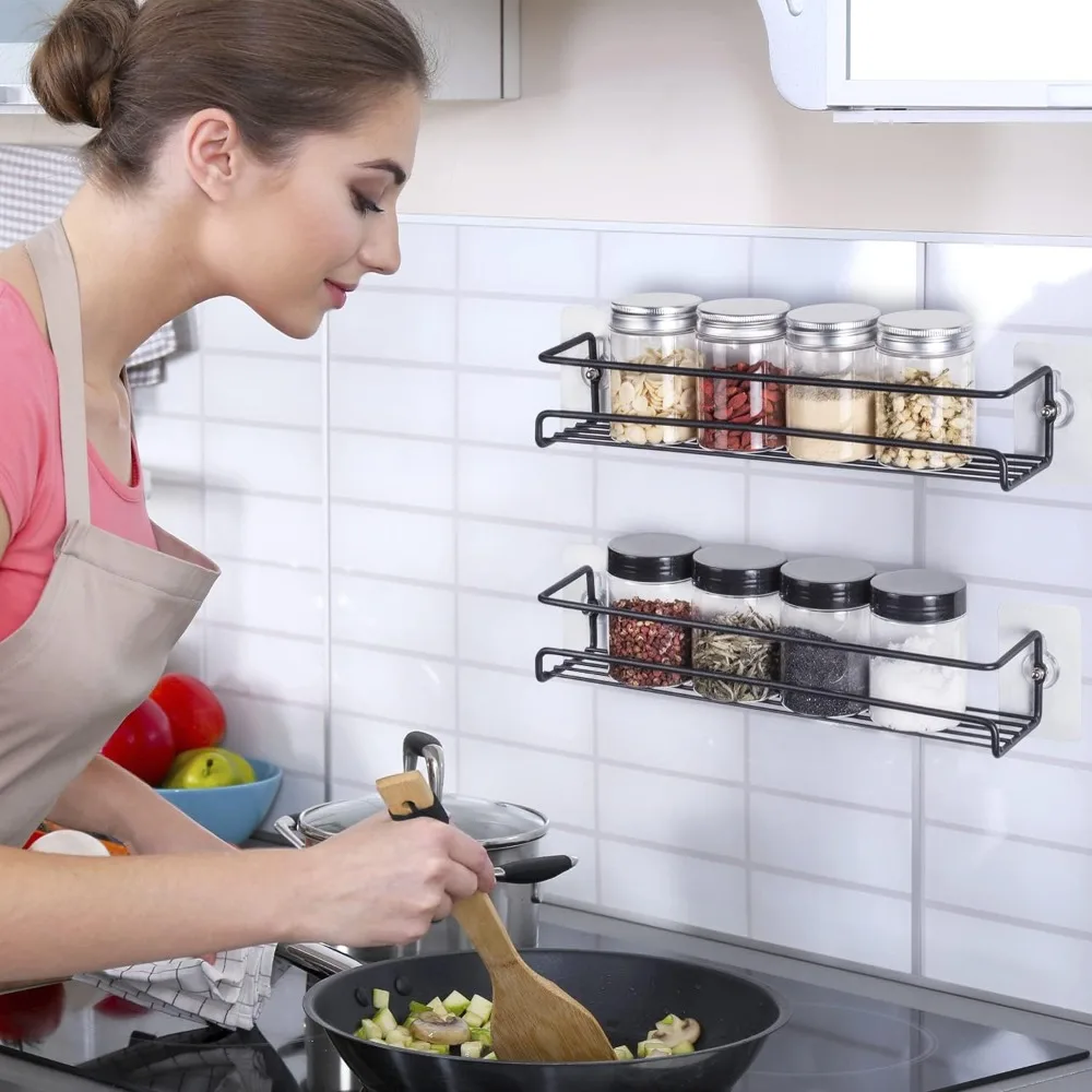 1/2 pièces Étagère de rangement de cuisine murale en métal pour épices et assaisonnements, à susp... – Image 2